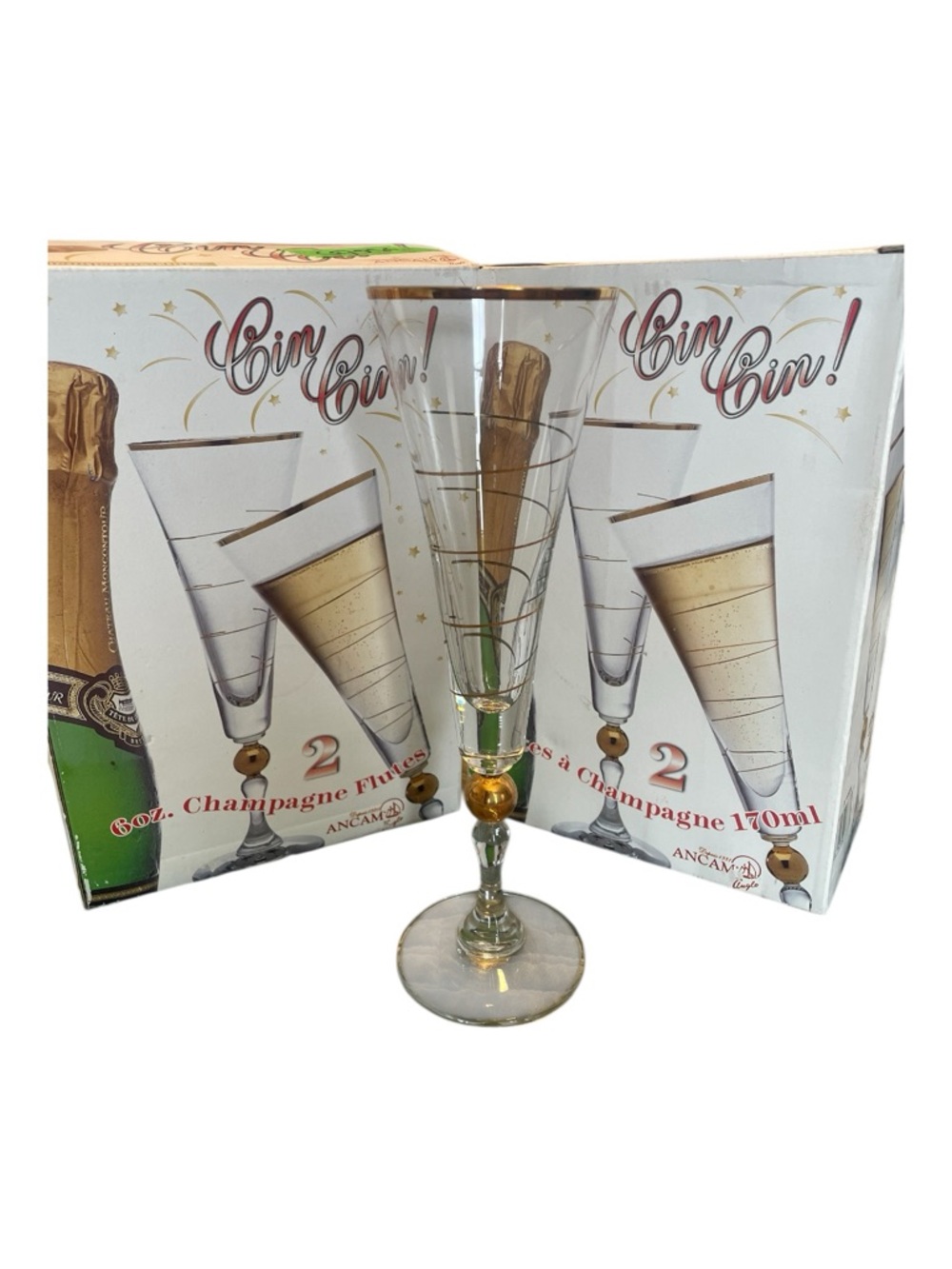 Set of 5 Tall Turkish Crystal Gold-Rim Champagne Flutes